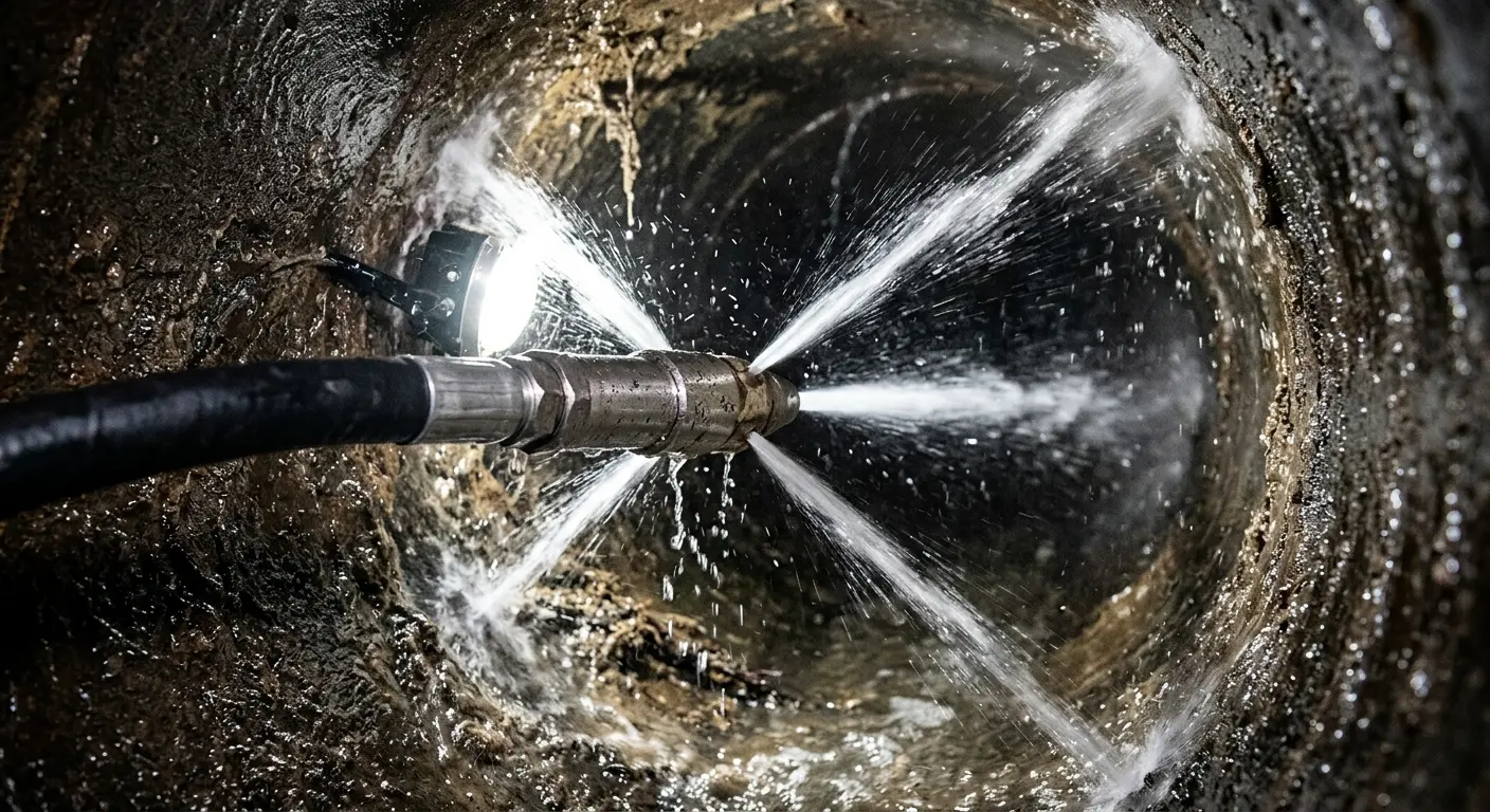 High-pressure hydro jetting nozzle cleaning sewer pipe for Emergency Drain Service in Louisville