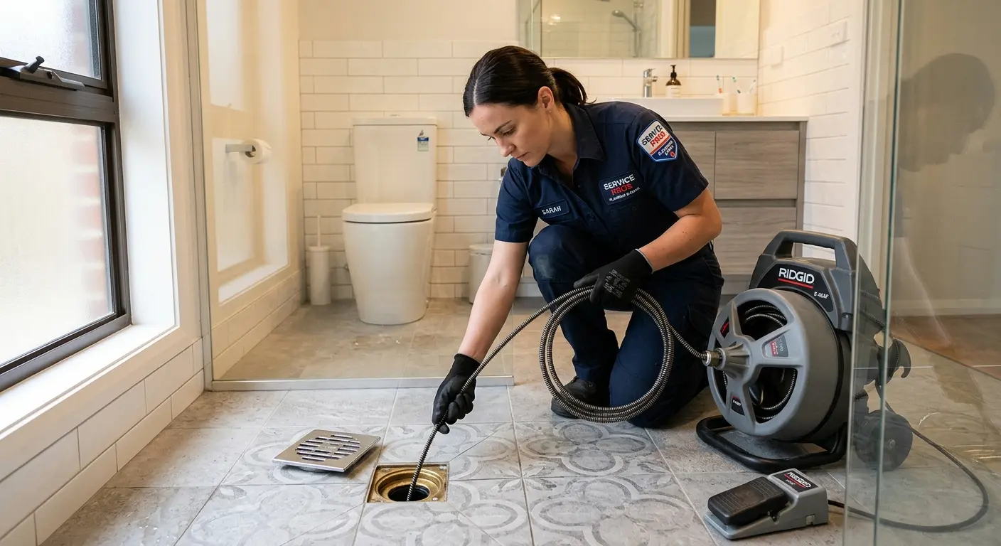 Technician clearing a bathroom floor drain for Drain Cleaning in Louisville